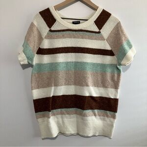 Torrid Striped Cream and Brown Short Sleeved Crew Neck Sweater Size 0 (large)